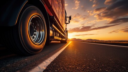 Close-up and low angle shot of a truck wheel on an asphalt road with a beautiful sky at sunset