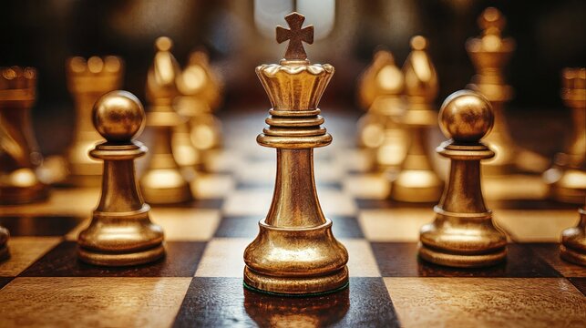 Golden chess pieces on wooden board with king piece in focus, surrounded by pawns in soft bokeh, representing power, strategy and leadership