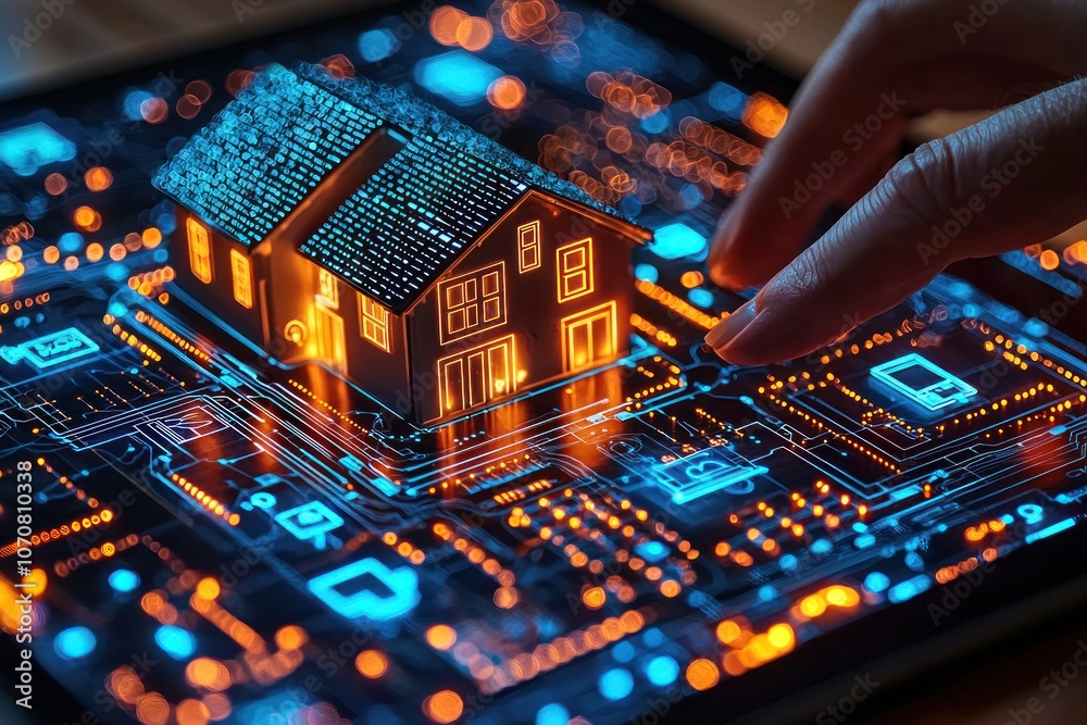 Poster a digital representation of a house on a circuit board