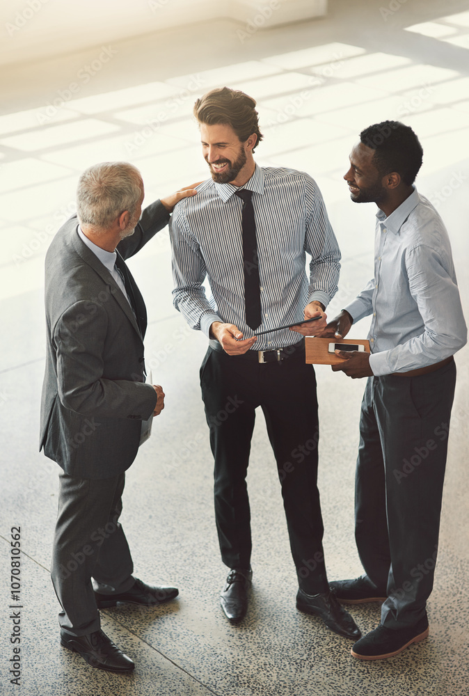 Poster above, support and men with tablet, internet and connection with website information. employees, tea