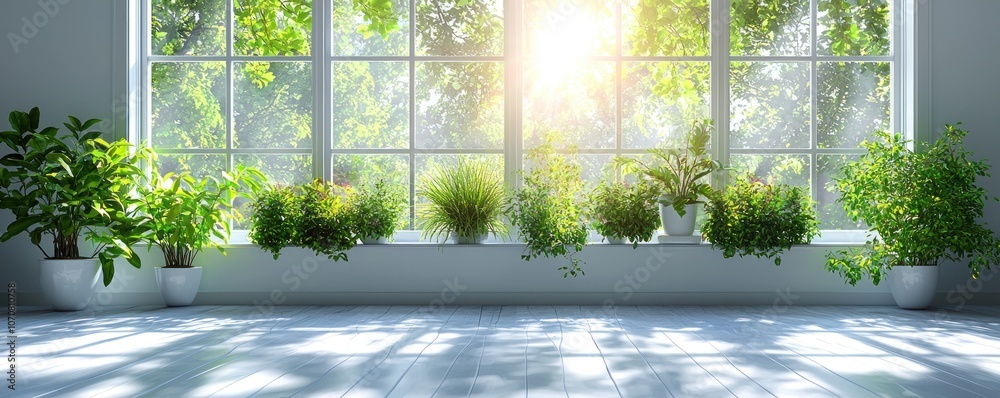 Poster Sunlit Room with Plants and a Window View of Greenery