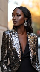 Glamorous Black Woman in Sparkling Sequin Blazer