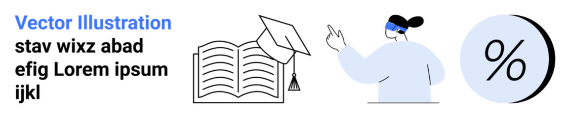 Educator pointing to a large open book with graduation cap. Percentage symbol in light blue circle. Ideal for education, e-learning, training, academic presentations, online courses, teaching