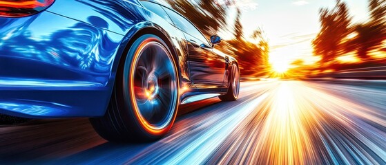 Modern blue car speeding on city highway at sunset