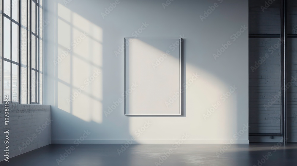 Poster a minimalist gallery space with natural light and an empty frame on the wall.
