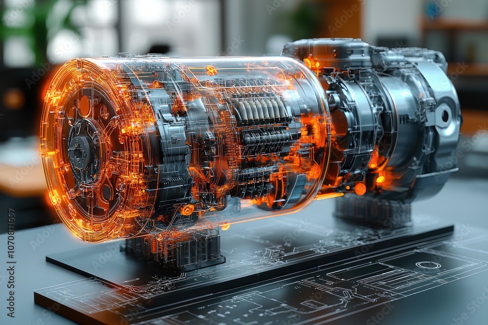 Poster transparent engine model with glowing internal components