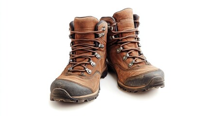 Brown Leather Hiking Boots on White Background