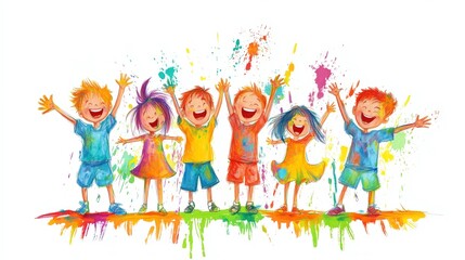 Fototapeta premium Joyful Kids Holi Festival Colorful Celebration Painting Illustration
