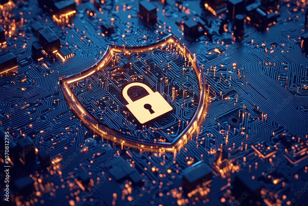 Poster a glowing padlock symbol on a circuit board, representing digital security