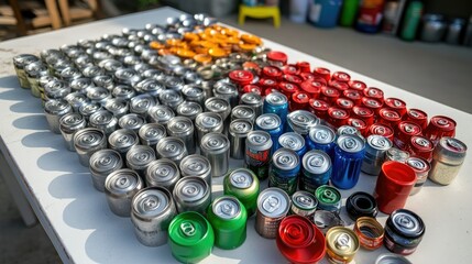 Assorted metal cans and plastic bottle caps displayed on a white table, ready for recycling, promoting environmental responsibility.