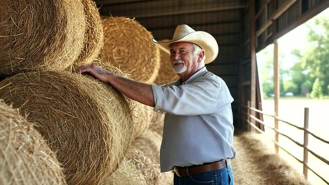 Rancher Preparing Cattle Feed in Barn with Hay Bales