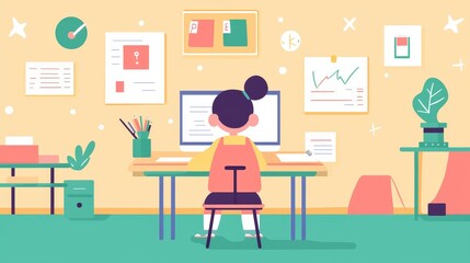 A young professional focuses on work at a modern home office with creative decor and tools