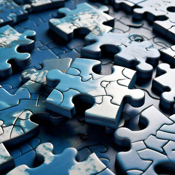 Close up of blue jigsaw puzzle pieces with sky and cloud patterns some stacked and others interlocking