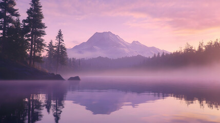 Fototapeta premium A majestic mountain peak rises above a serene lake shrouded in mist at sunrise, the sky ablaze with vibrant hues of pink and purple.