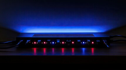A row of ethernet cables connected to a network switch router, with LED lights signaling data flow, creating a sense of high-speed connectivity.