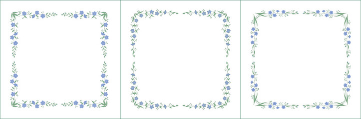 Set of three elegant green vegetal ornamental frame with flax flowers, decorative border, corners for greeting cards, banners, business cards, invitations, menus. Isolated vector illustration