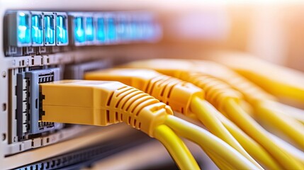 A row of cables plugged into a switch router, LED lights active on each port, showing strong, high-speed network connections.