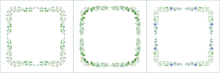 Set of three elegant green vegetal ornamental frame with flowers, decorative border, corners for greeting cards, banners, business cards, invitations, menus. Isolated vector illustration