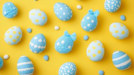 Easter eggs decorated with blue clothes, creating a playful and creative look for kids. Set against a seamless yellow background.