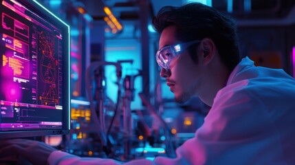 Obraz premium Scientist half-body portrait in neon-lit lab, high-tech equipment surrounding, looking at virtual display.