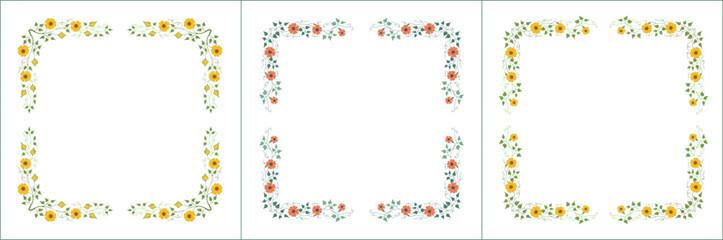 Set of three elegant green vegetal ornamental frame with thunbergia  flowers, decorative border, corners for greeting cards, banners, business cards, invitations, menus. Isolated vector illustration
