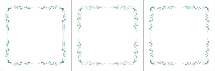 Set of three elegant green vegetal ornamental frame with bluebell flowers, decorative border, corners for greeting cards, banners, business cards, invitations, menus. Isolated vector illustration
