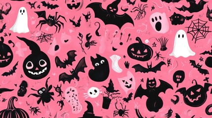 A playful Halloween-themed pattern featuring ghosts, bats, pumpkins, and spiders on a pink background.
