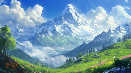 Fototapeta premium A majestic snow-capped mountain peak rises above lush green valleys with a clear blue sky and fluffy clouds.