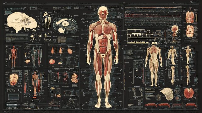 Anatomical diagram showcasing the human body with detailed features and labels against a dark background.
