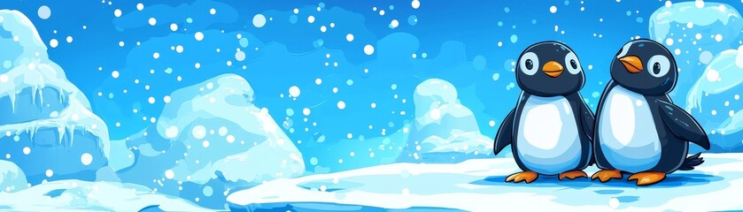 Fototapeta premium Two adorable penguins enjoying a winter wonderland amidst falling snowflakes