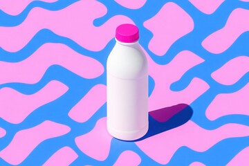 Classic milk bottle placed against a vibrant, colorful pink and purple background, evoking a nostalgic and refreshing vibe, perfect for a beverage setting