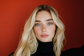 Beautiful blonde woman with long flowing hair, elegance and natural beauty, captured in a serene and graceful portrait style