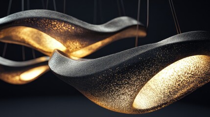 Obraz premium Ceiling fixture with a warm glow, illuminating a dark space and casting soft shadows that add depth and texture.