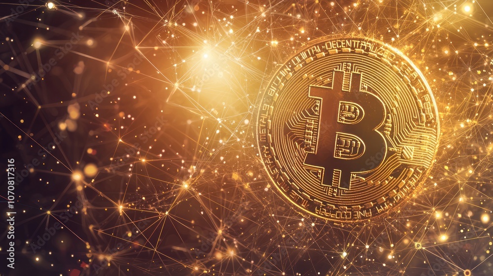 Poster A golden Bitcoin coin with intricate detail and a glowing network behind it.