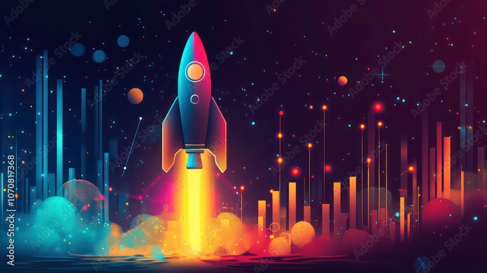 Poster a vibrant rocket launching into space, surrounded by colorful cosmic elements.