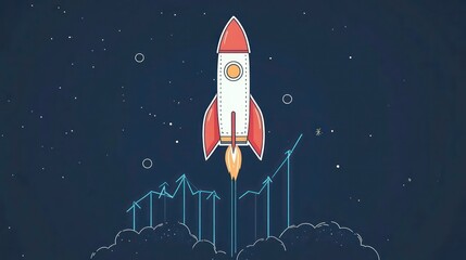 Fototapeta premium A rocket launching into space, surrounded by clouds and stars, symbolizing exploration and innovation.