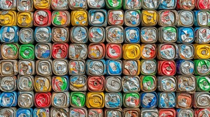 Stacked bales of crushed aluminum cans, ready for recycling, with neat organization.