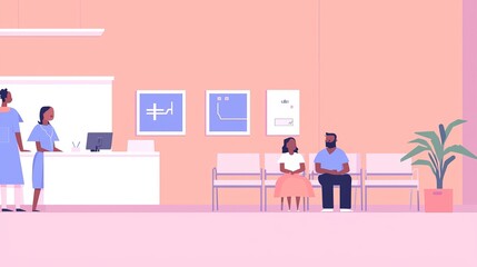 Family waits together in a modern clinic for their medical appointment