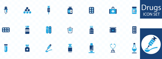 Drugs icon set. Containing pills, alcohol, cannabis, cocaine, GHB, drug dealer, LSD, ecstasy and more. Vector solid icons collection