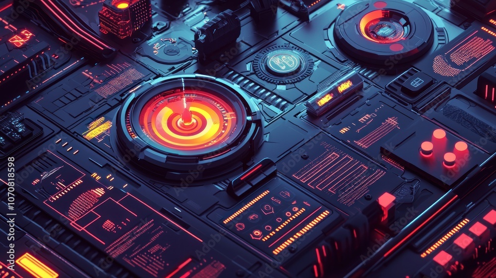 Poster futuristic technology interface with glowing red and yellow lights