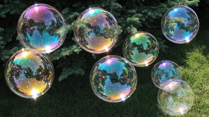 Cluster of soap bubbles floating in mid-air, capturing iridescent hues and soft reflections on a sunny day for a cheerful scene.