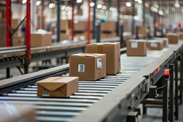 Efficient operations in a busy warehouse with packages moving on a conveyor belt