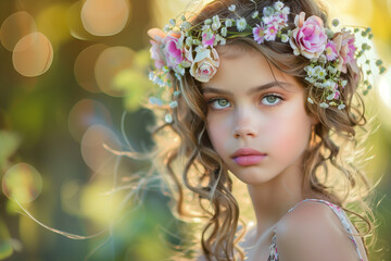 Naklejka premium A beautiful girl with flowers in her hair.