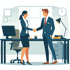 People shaking hands at work - Two businesspeople, man and woman doing handshake in office at work while smiling over business agreement and deal. Flat design stock illustration on white background