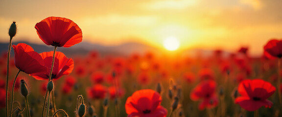 Fototapeta premium Field of red poppies glowing in the sunset with mountains in the background