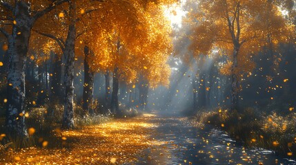 Obraz premium Golden Autumn Forest Path Lined with Falling Leaves for Scenic Background