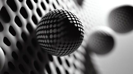 Abstract spheres over a perforated surface with unique patterns in black and white.