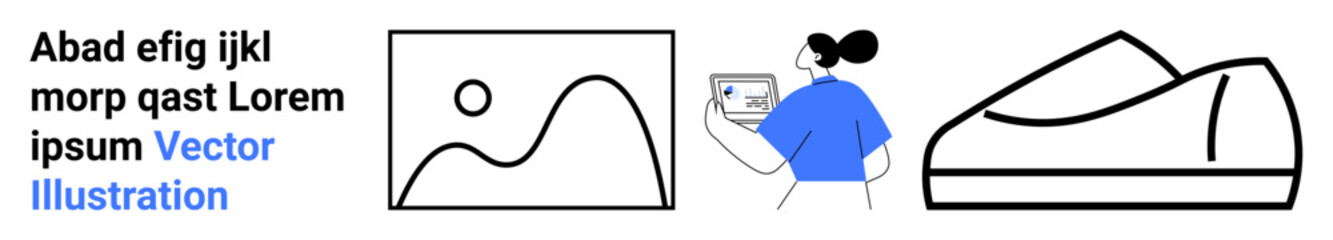 Abstract shapes, person in blue shirt interacting with a tablet, and a minimalistic sneaker outline. Ideal for technology, digital art, user interaction, modern design, minimalism, fashion, creative