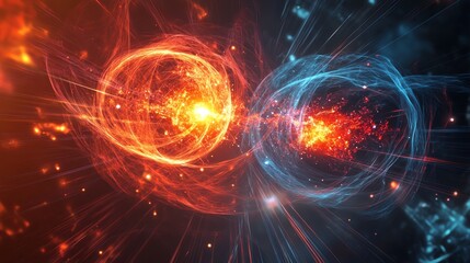Obraz premium Abstract representation of particles colliding, showcasing vibrant colors and energy waves.