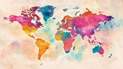 Watercolor painting of the world map with continents outlined in white.